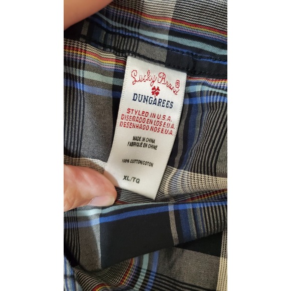 Lucky Brand Western Shirt  Pearl Snap Mens Extra Large Black White Blue Plaid - Picture 5 of 7